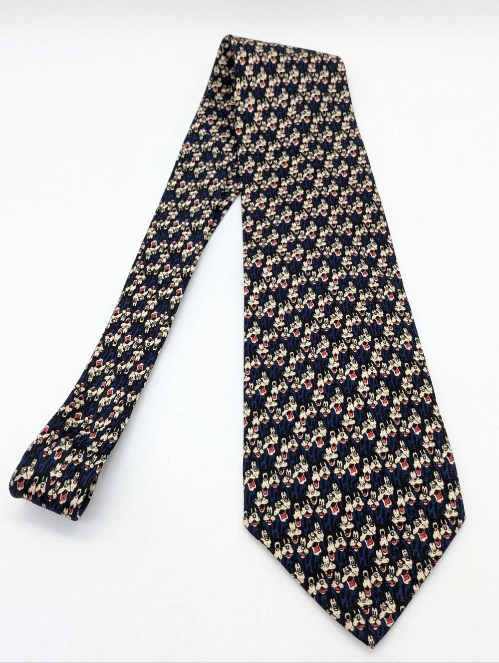 Vintage Disney Store Blue Cream Red Goofy Silk Tie